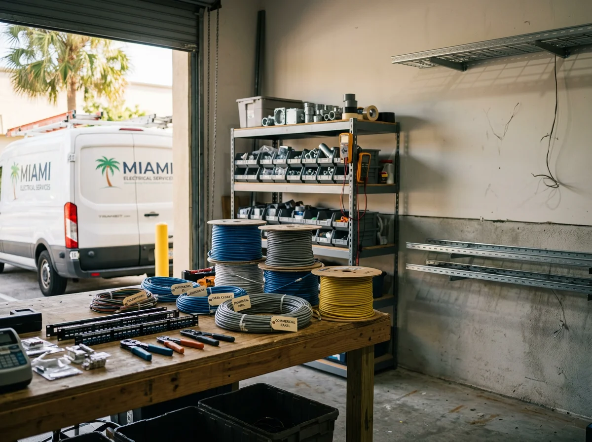 Professional technology installation workspace with structured wiring, networking equipment, and tools organized for residential and commercial projects.