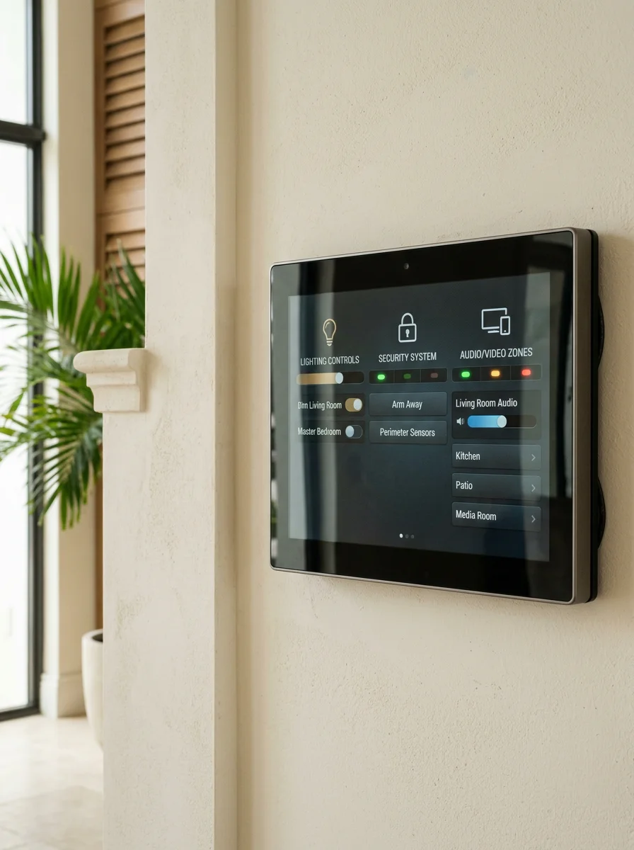 Close-up of a wall-mounted smart home control panel installed in a Miami residential property, showing a touchscreen interface for lighting, security, and audio/video zones.