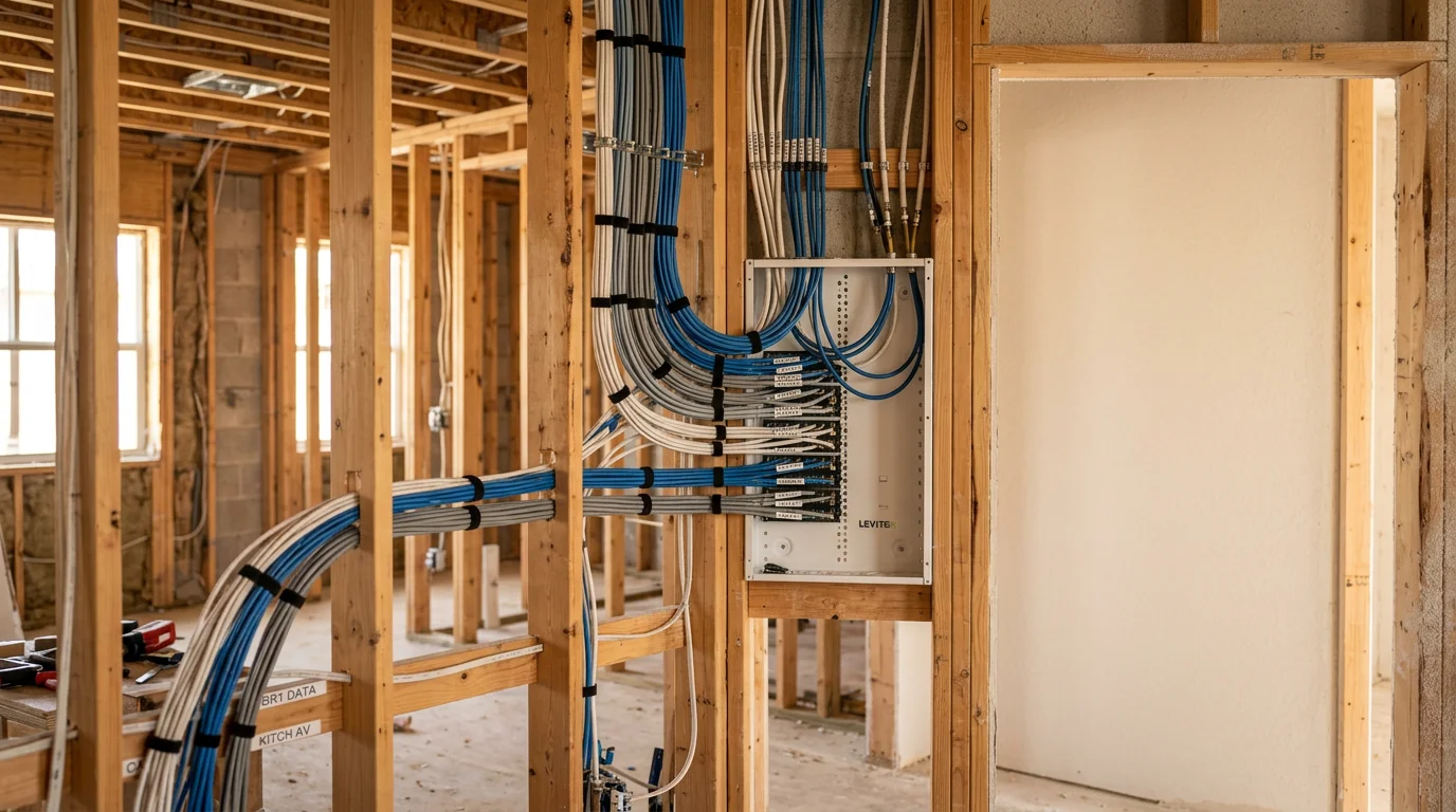Technician routing structured wiring through an open-framed wall in a Miami new construction home, with labeled low-voltage cables bundled at a central distribution panel.