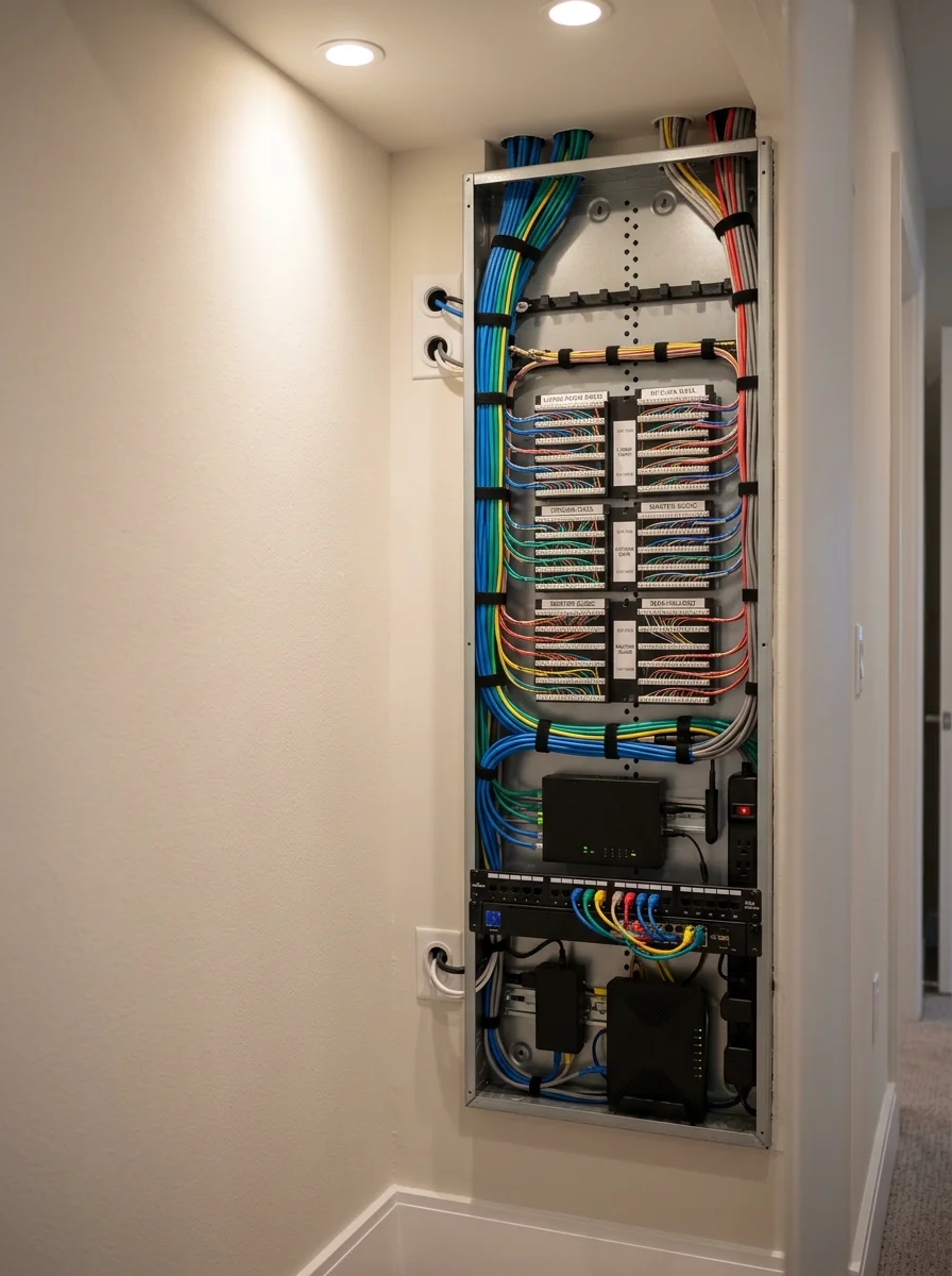 Technician installing a structured wiring distribution panel in a Boca Raton gated community home, with organized low-voltage cable runs labeled and terminated at a central rack.