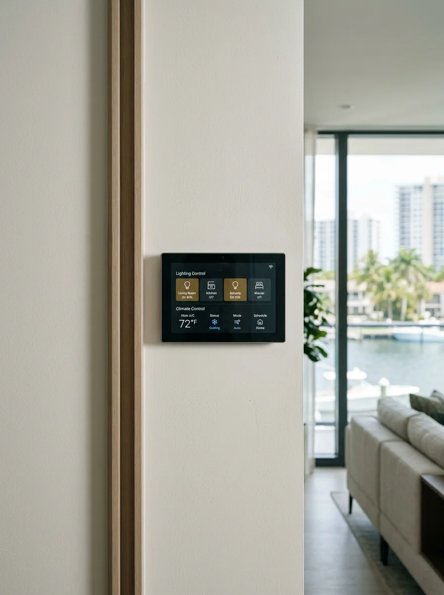 Smart home control panel installed in a Fort Lauderdale waterfront condo, showing lighting and climate control zones on a wall-mounted touchscreen interface.