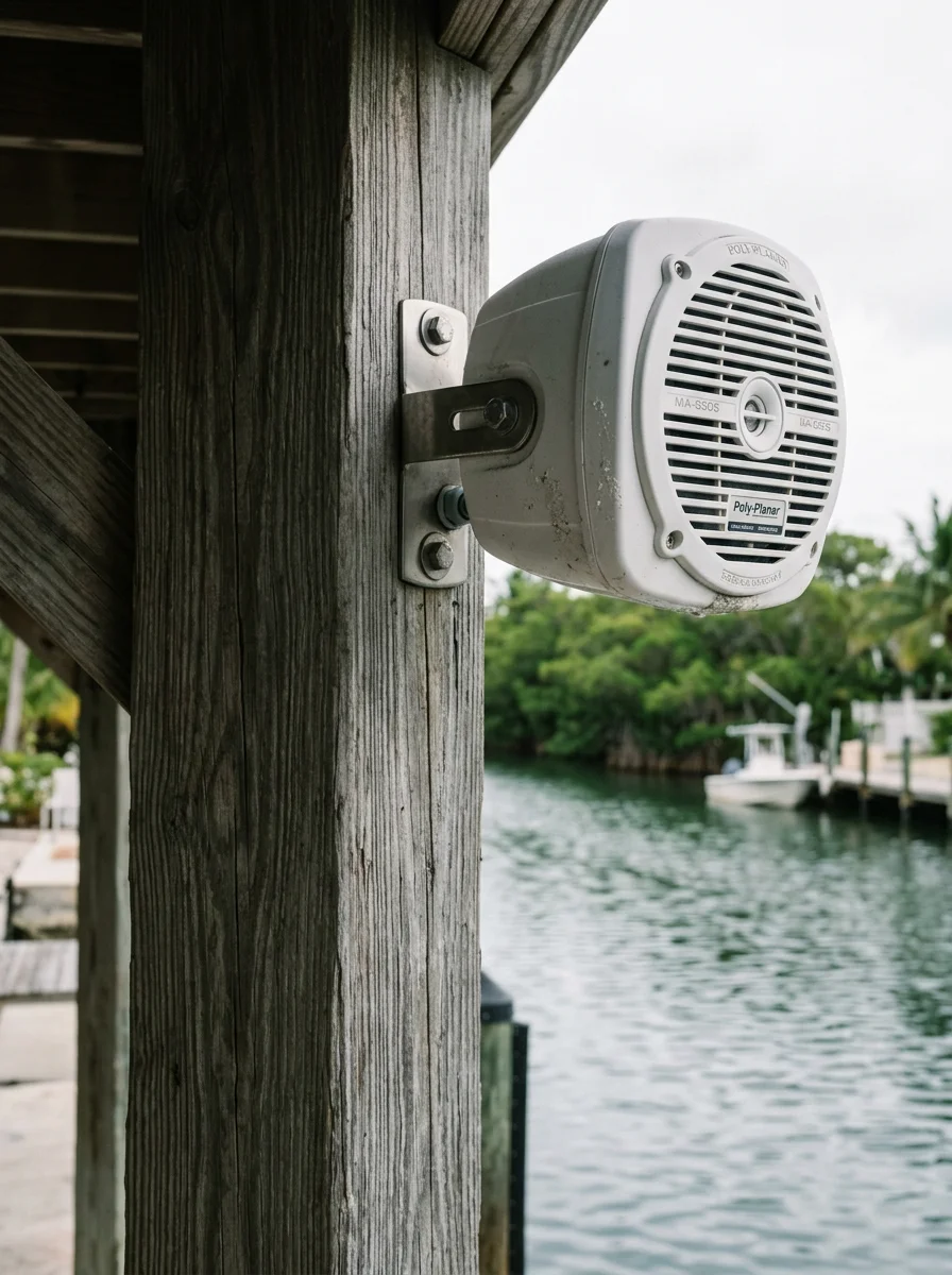 Marine-grade outdoor audio speaker mounted on a covered lanai post at a Keys waterfront property, with saltwater canal and mangroves in the background.