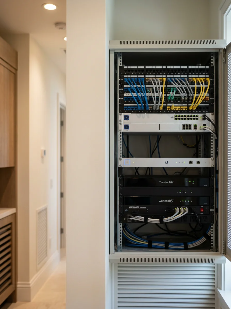 Smart home equipment rack installed in a Naples golf course community estate, showing organized networking hardware, patch panel, and automation controller in a ventilated wall cabinet.