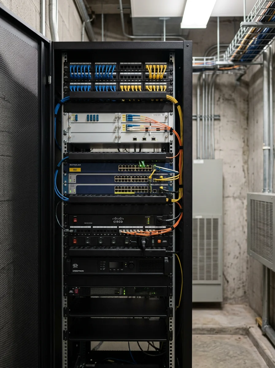 Multi-zone audio/video equipment rack installed in a commercial property near International Drive in Orlando, with enterprise networking hardware and AV distribution equipment mounted in a ventilated cabinet.