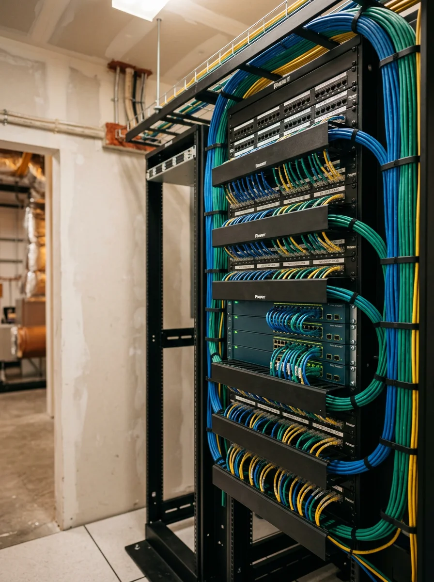 Enterprise networking rack installed in a Westshore Business District commercial office in Tampa, with labeled patch panel, switches, and structured cabling runs organized in a wall-mounted cabinet.
