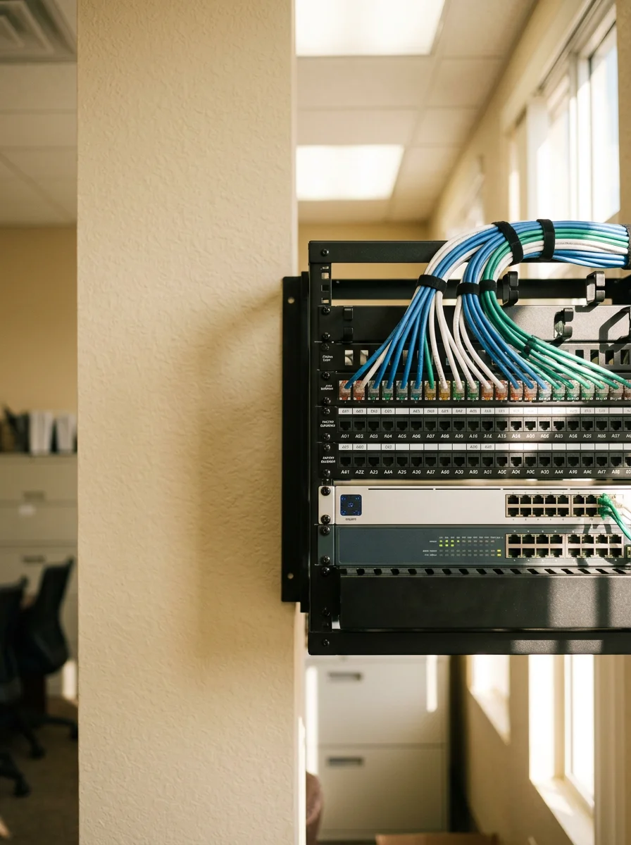 Organized low-voltage wiring panel installed in a West Palm Beach commercial office space, with labeled patch panel and enterprise networking equipment mounted in a wall rack.