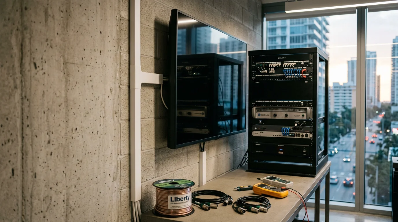 A professionally integrated audio and video system installed in a modern Miami living space, with a wall-mounted display, in-ceiling speakers, and clean cable management. The setup reflects a complete AV integration project suited to South Florida residential construction.