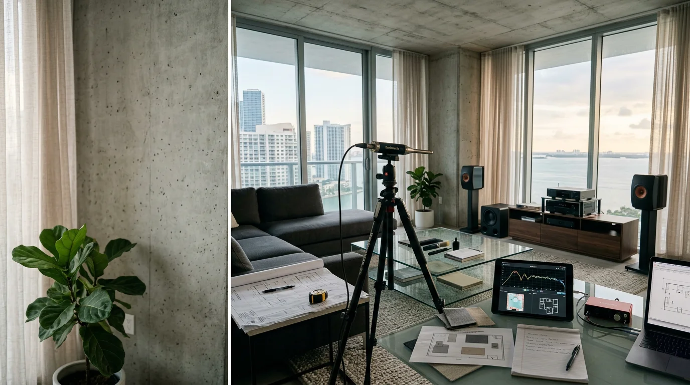 A professionally designed multi-zone audio system layout diagram for a Miami residential property, showing speaker placement across indoor living areas and an outdoor pool deck. Clean cable routing and zone control points are mapped across a concrete-construction floor plan.