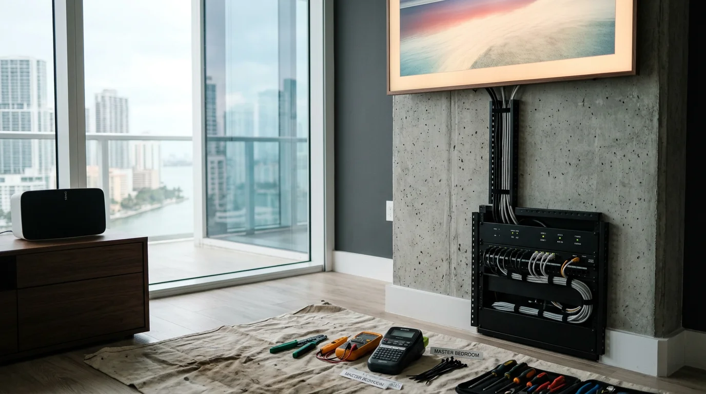 A professionally installed flat-panel display mounted flush on a wall in a Miami office conference room, with concealed cabling and a connected speaker system visible in the background.
