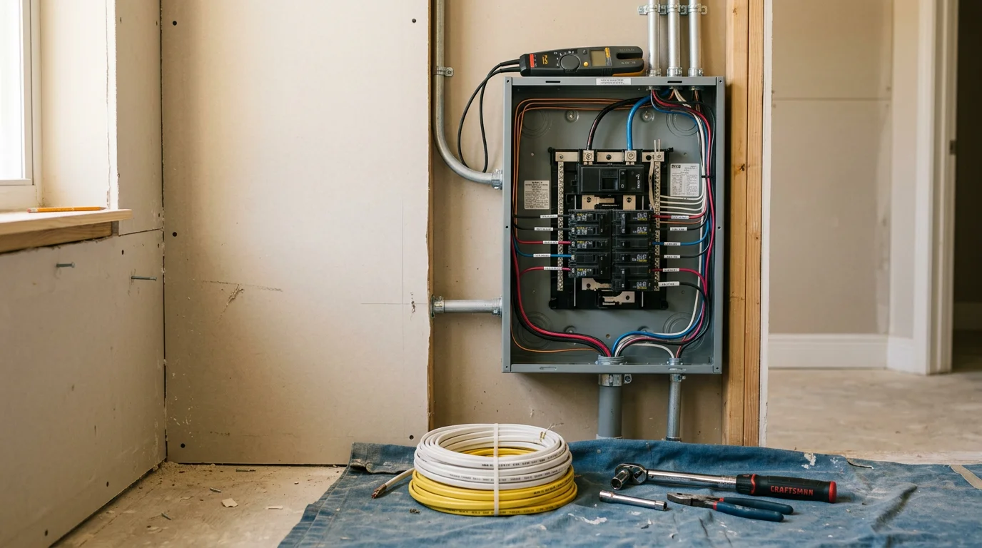 A professional electrical installation in progress inside a Miami commercial property, showing a newly mounted panel with organized circuit wiring and labeled breakers. The installation reflects clean workmanship suited to South Florida's coastal building environment.