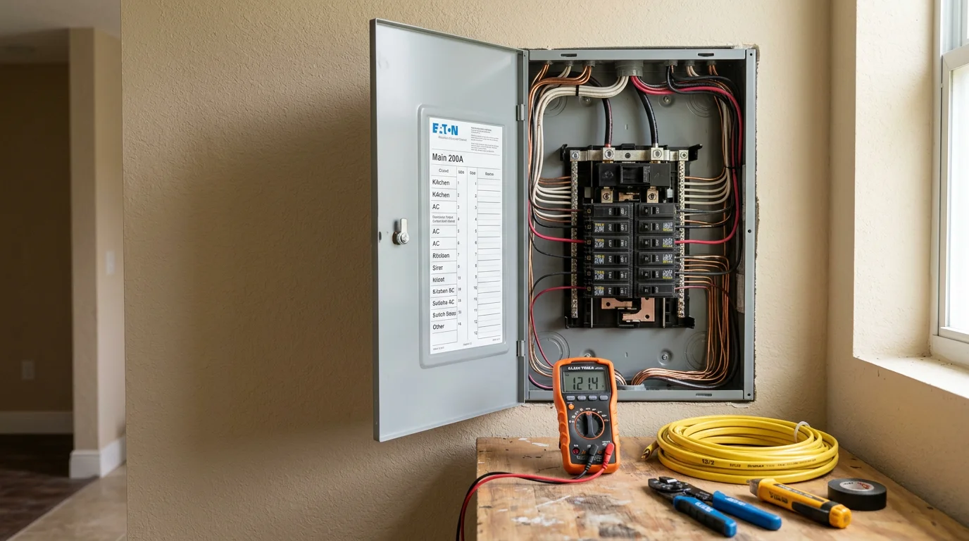 A modern electrical service panel installed in a Miami-area home, showing organized circuit breakers and clean wiring inside an updated enclosure. The upgrade replaces an older, undersized system to meet current residential electrical demands in South Florida.