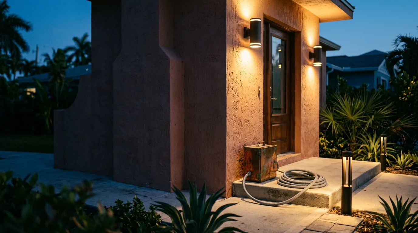 Professionally installed exterior lighting illuminating the facade, entryway, and pathway of a residential property in Miami, Florida. Fixtures are mounted along the front elevation and ground-level path under a clear South Florida night sky.