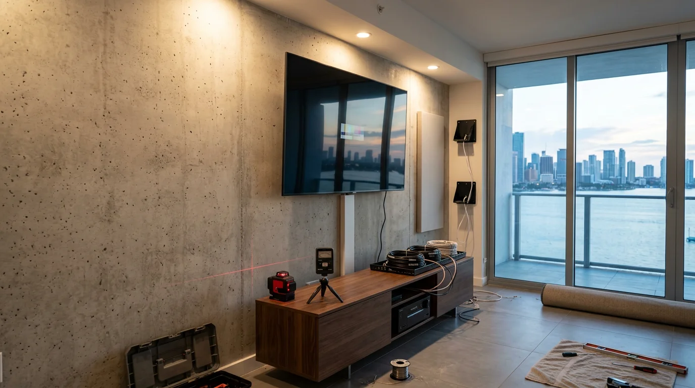 A professionally installed home cinema room in a Miami residence showing a large wall-mounted display, concealed speaker setup, and clean cable management. The room features controlled lighting suited to a South Florida home interior.