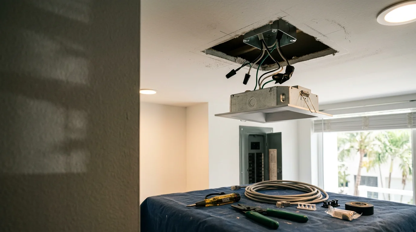 Interior lighting fixtures installed in a Miami residential living room, showing recessed ceiling lights and wall-mounted fixtures with clean wiring and even light distribution across the space.
