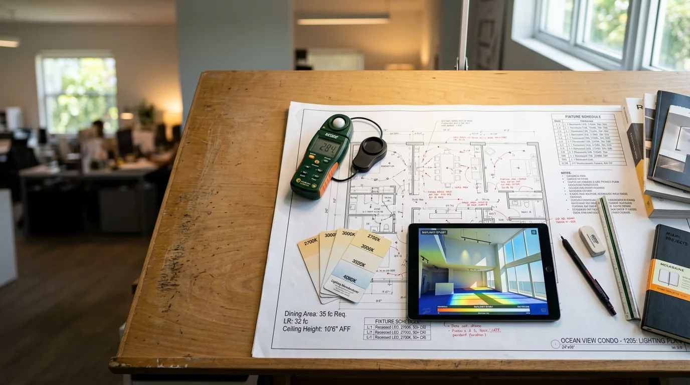 A detailed lighting design layout plan for a Miami residential property, showing fixture placement and light zone mapping across an open-plan living and dining space. A lighting consultant reviews the plan on-site with the property owner in a South Florida home with high ceilings and natural coastal light.