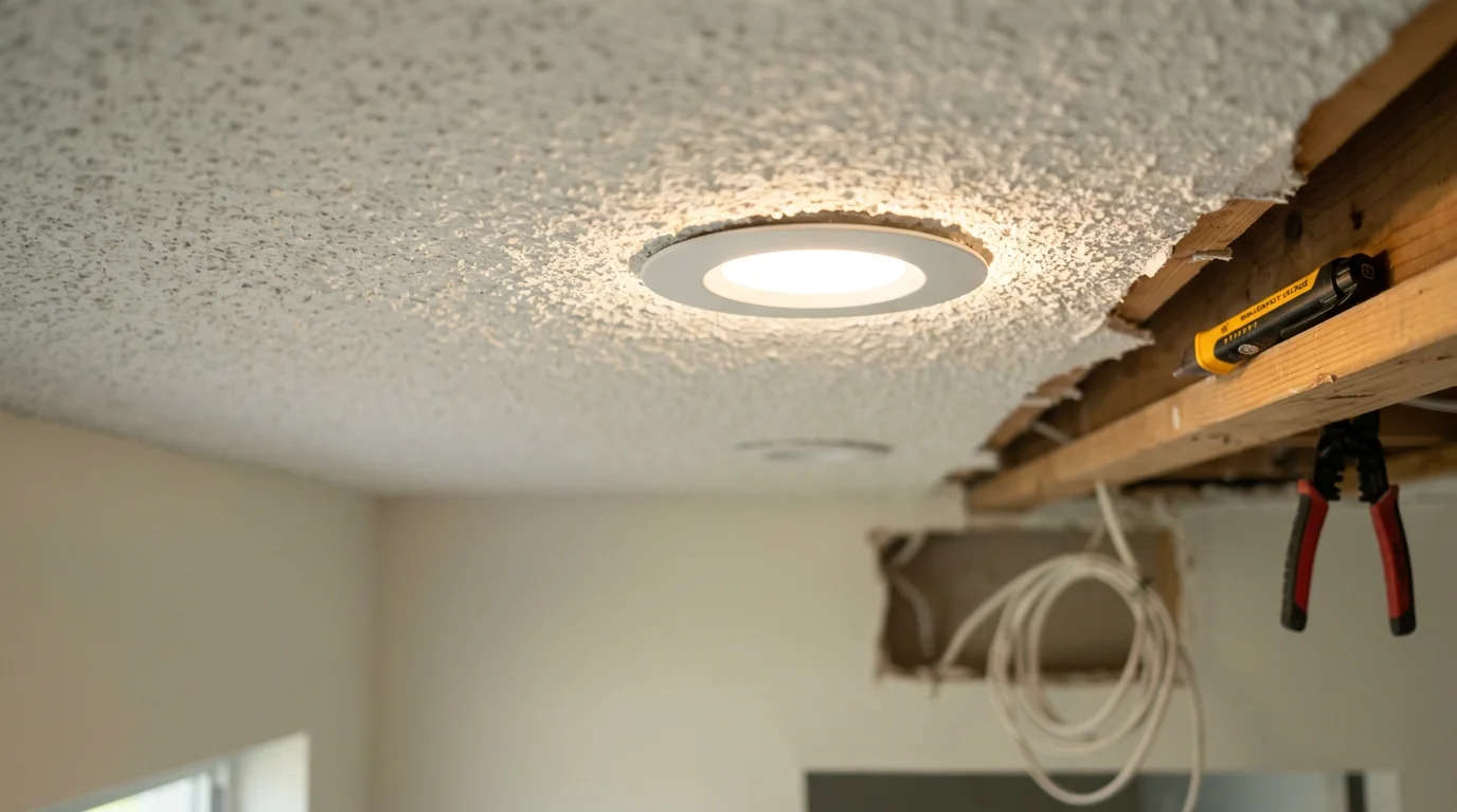 A Miami home interior showing upgraded modern light fixtures installed in a living area with even, bright illumination replacing older dim lighting. A Comtech Solutions Group technician reviews the completed lighting upgrade in a South Florida residential space.