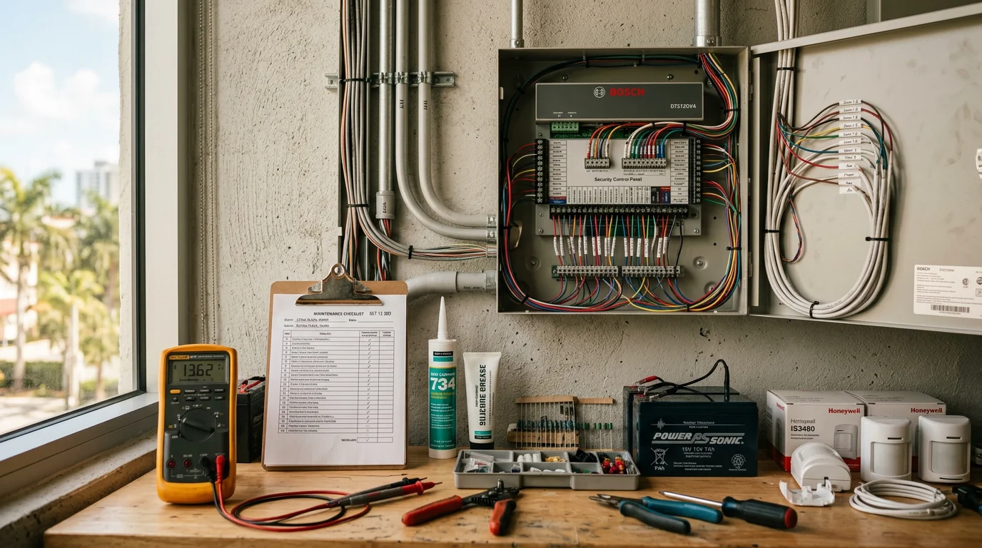 A security system technician inspecting an outdoor camera and control panel on a Miami commercial property. The image shows a professional maintenance check being performed on installed security equipment in a South Florida setting.
