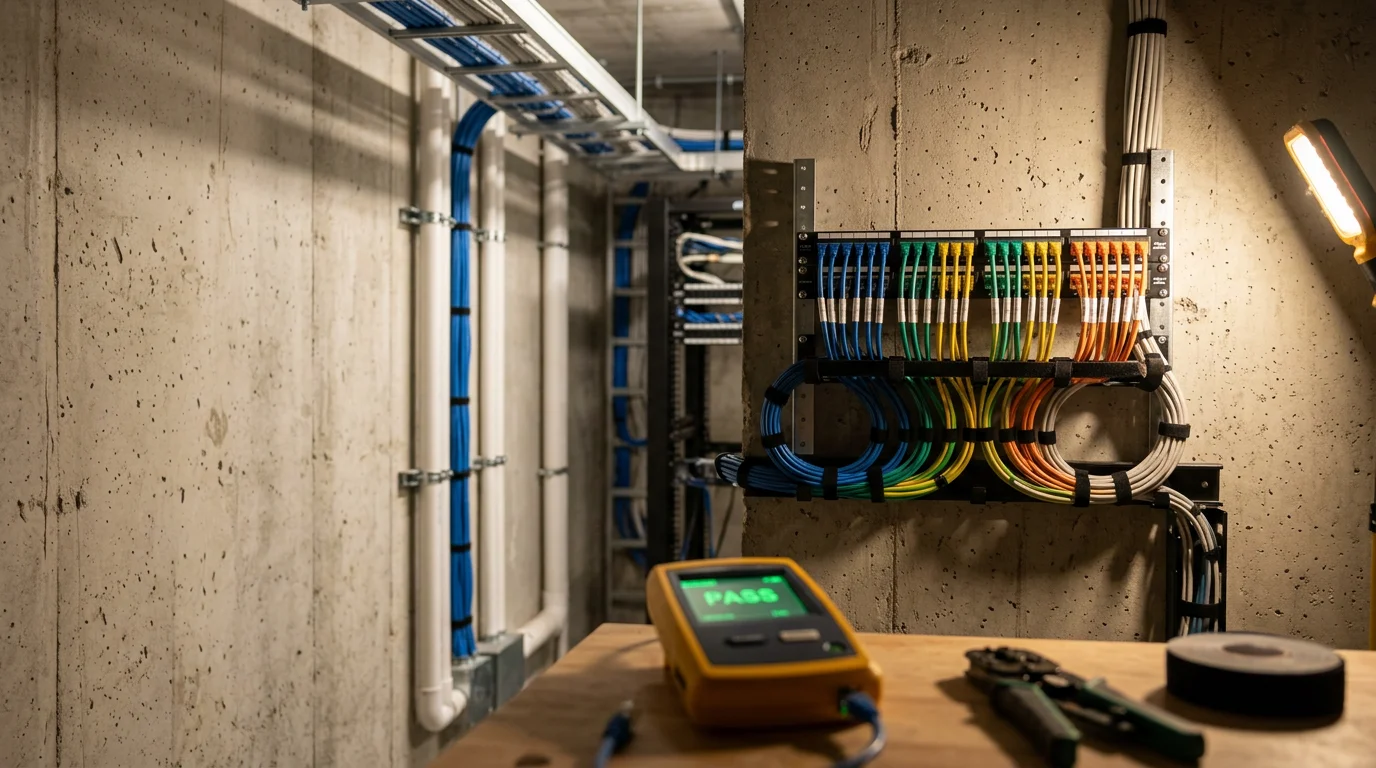 A professional network wiring installation inside a Miami commercial office, showing neatly routed ethernet cables terminated at a wall-mounted patch panel with labeled ports. Cable runs are organized along a clean raceway leading to a structured wiring enclosure.