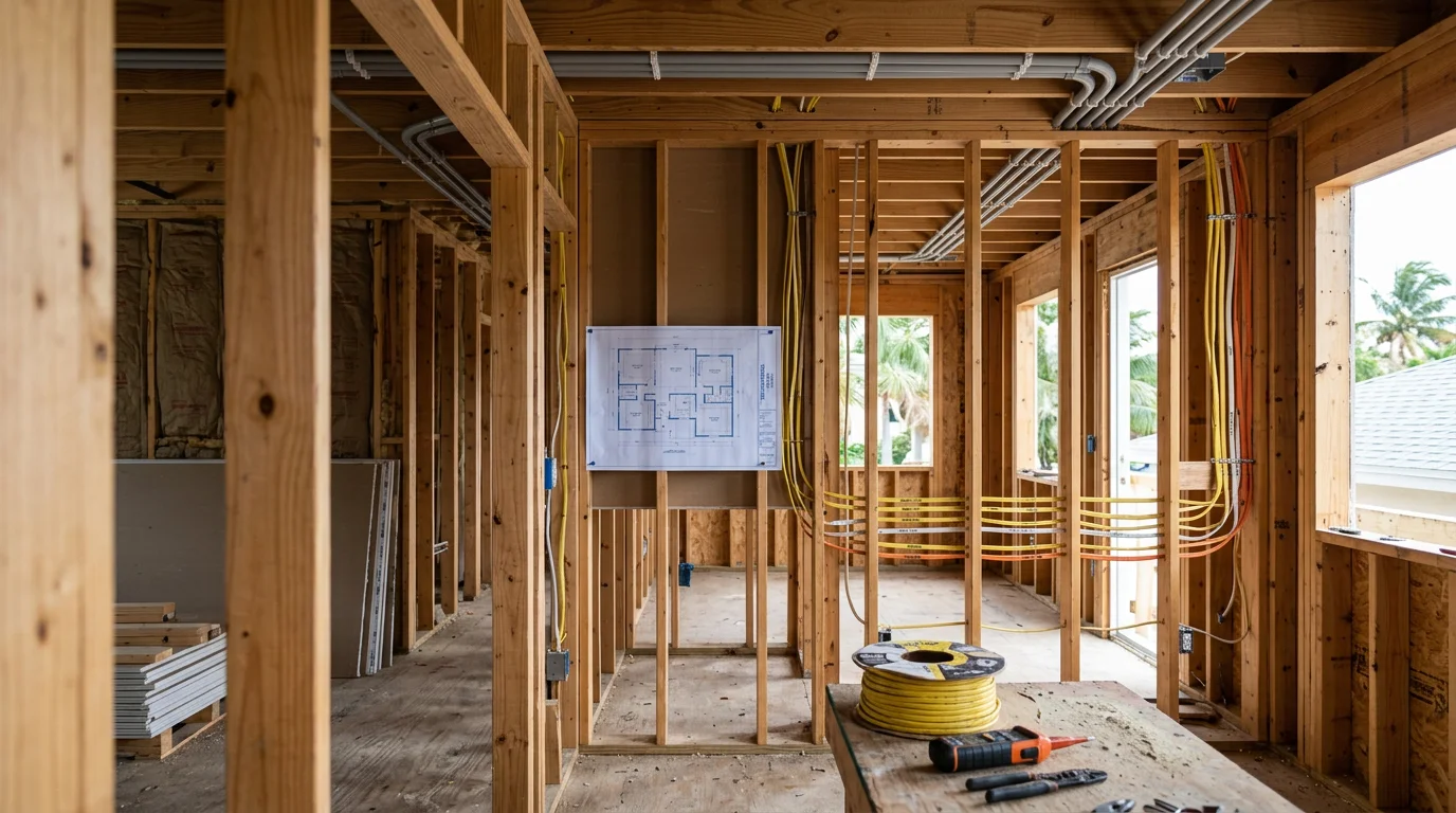 Electrical and data cables neatly routed through open wall studs during a new construction prewire installation in Miami. Conduit runs and cable bundles are organized across framing bays before drywall installation begins.
