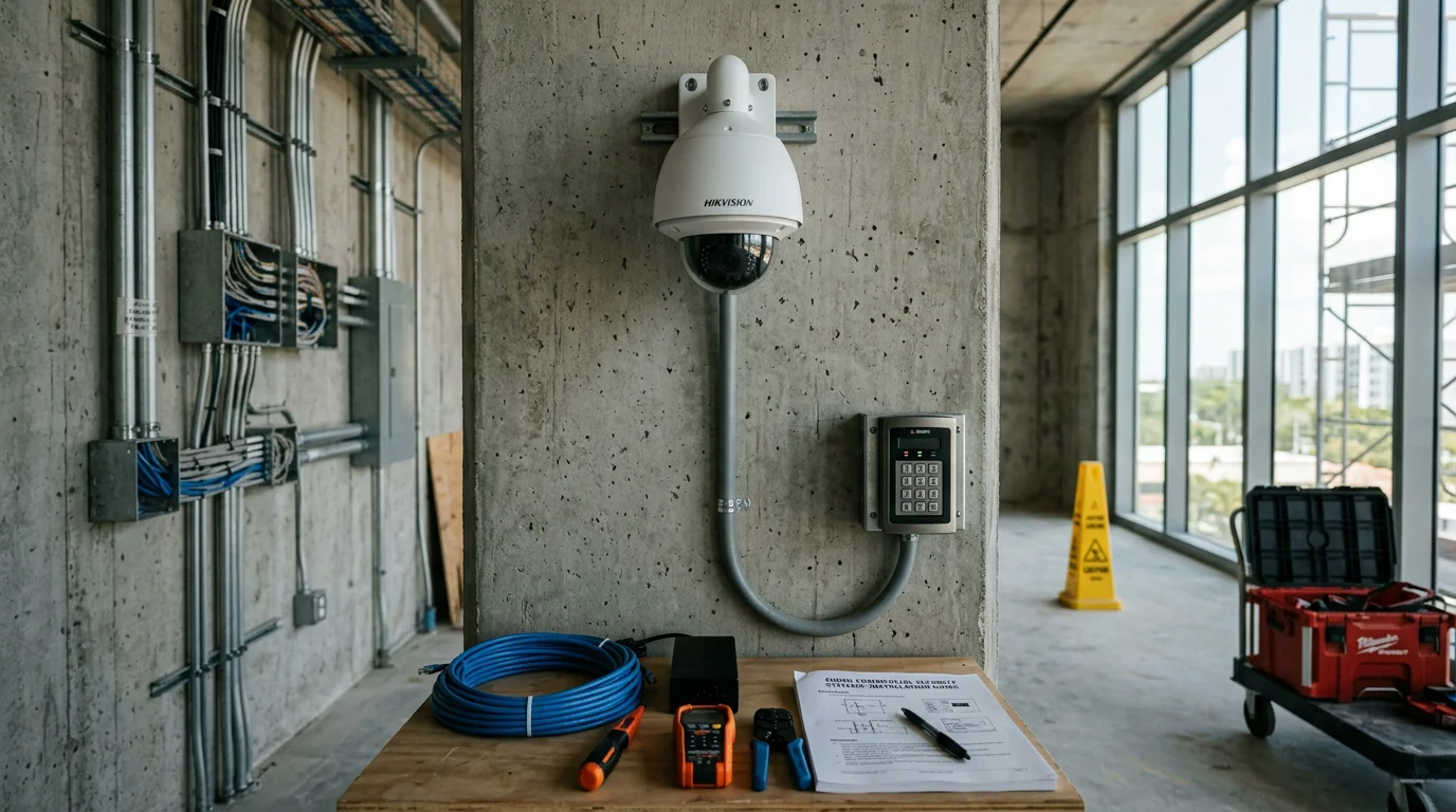 A professional security system installation in a Miami commercial building, showing mounted cameras at entry points and a wall-mounted access control panel. The setup reflects hardware suited for South Florida's coastal environment.