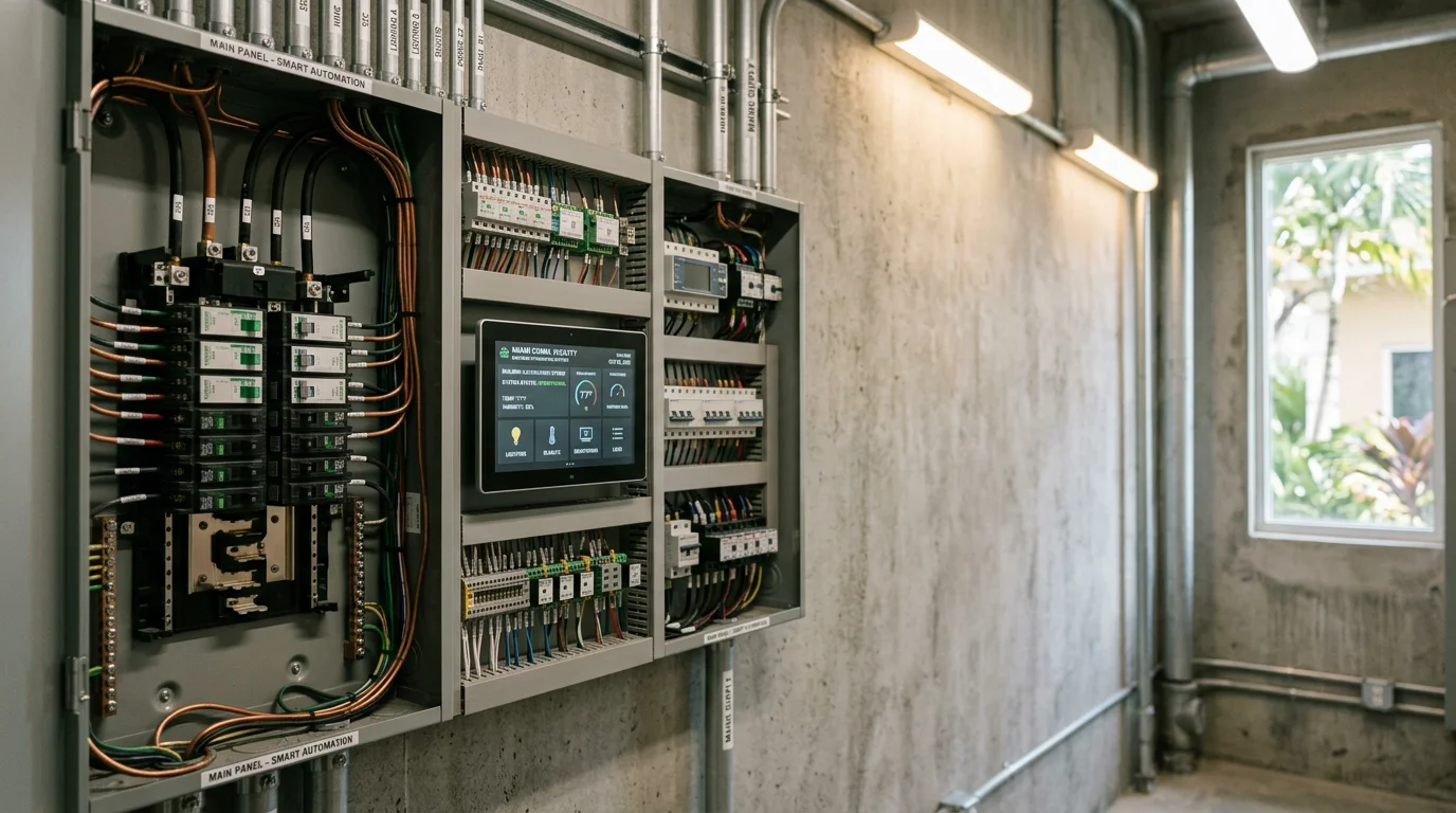 Commercial office space in Miami with a wall-mounted smart automation control panel managing lighting and climate zones. A technician from Comtech Solutions Group reviews system settings on a tablet during a business automation installation.