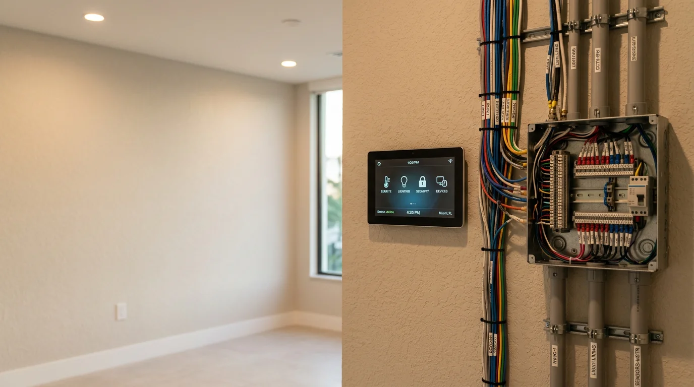 A modern Miami living room with automated lighting, motorized shades, and a wall-mounted control panel showing a unified smart home interface. A technician from Comtech Solutions Group completes the system setup in a bright, open-plan South Florida home.