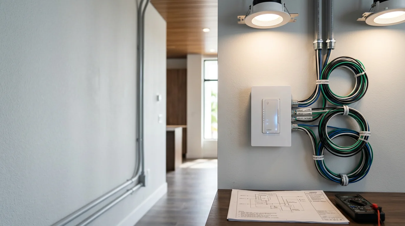 A professionally installed smart lighting system inside a modern Miami home, showing multiple lighting zones controlled from a wall panel. Warm, even light fills the open-plan living area, with exterior South Florida landscaping visible through large windows.
