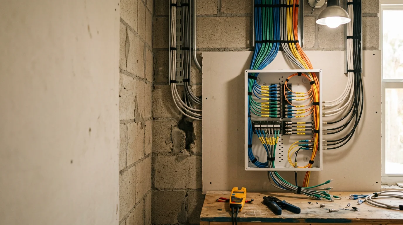A neatly organized structured wiring panel mounted inside a Miami-area home, with labeled low-voltage cable runs for data, video, and security terminating at a central distribution point. Clean cable management is visible throughout the installation.