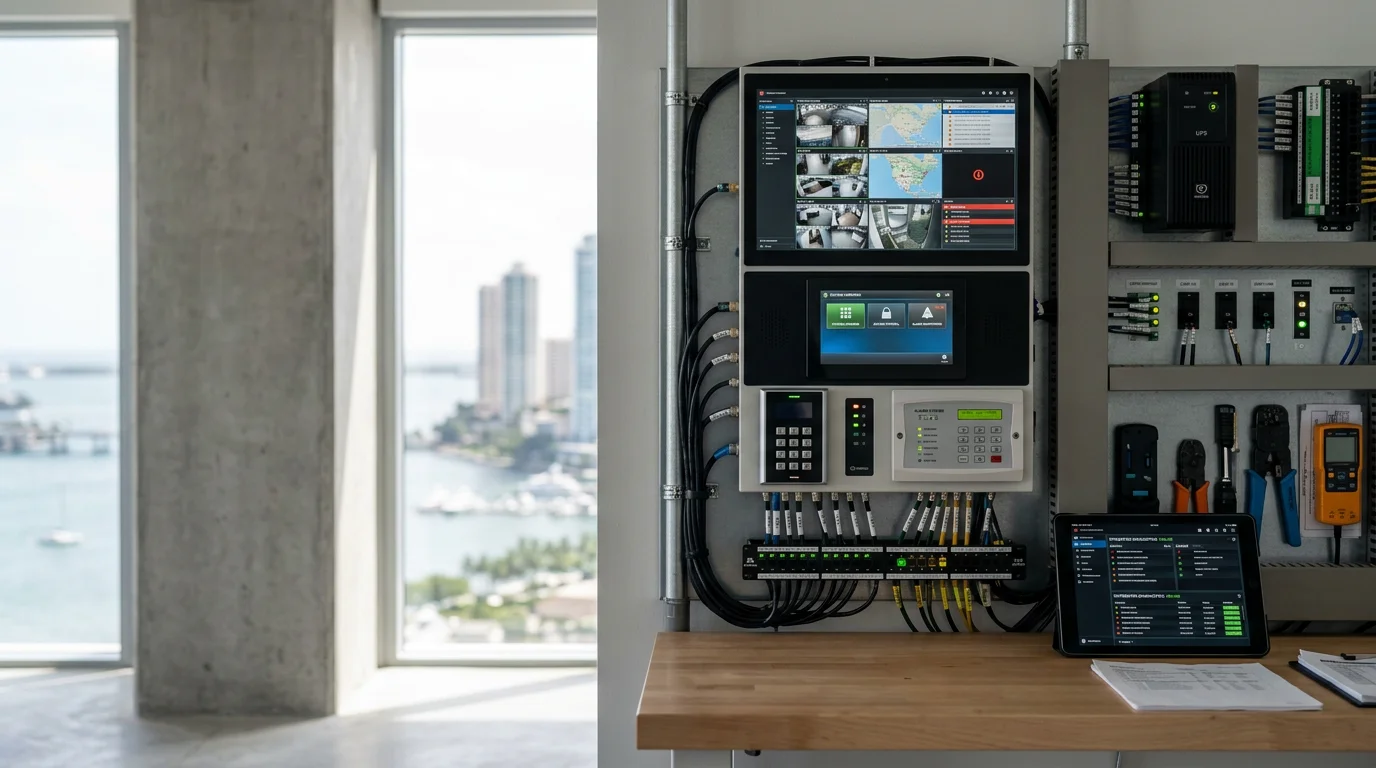 A unified system integration control interface displaying connected security cameras, access control panels, and alarm status across a Miami commercial building. A technician reviews the integrated platform dashboard during a professional installation by Comtech Solutions Group.