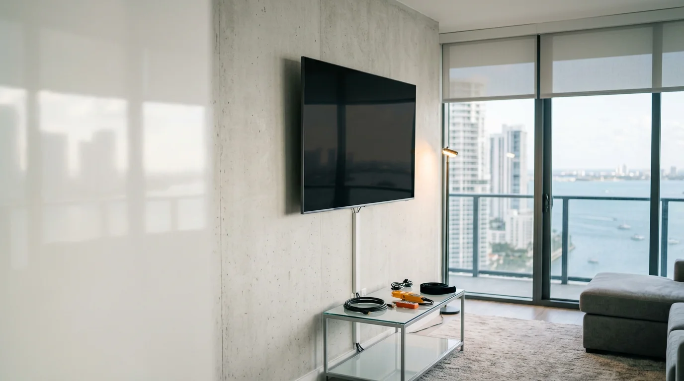 A professionally installed flat-panel display mounted flush on a clean wall inside a Miami commercial office, with concealed cabling and a clear, high-definition picture on screen. A technician from Comtech Solutions Group checks the display alignment as part of the final system test.